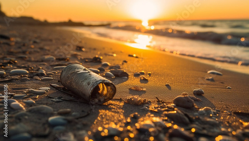 Plastic pollution in the beach sunset effect 