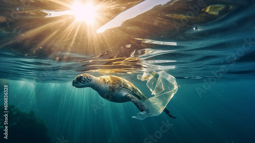 Turtle with plastic in the ocean  © Suzan