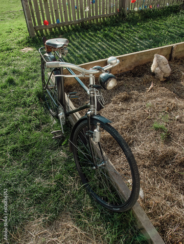 An old retro bike in the backyard, on the green grass, with a chicken standing next to it.
