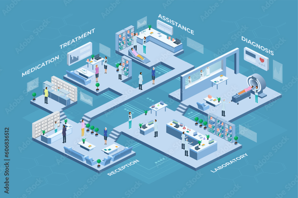 Isometric hospital. Medical clinic building. Healthcare platform. Doctor and nurse. Virtual people treatment. Medicine business. Lab or reception rooms. Vector illustration concept
