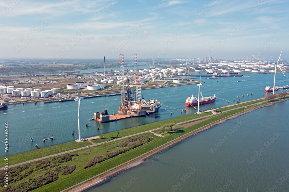 Aerial from industry at the Nieuwe Waterweg in Rotterdam the Netherlands