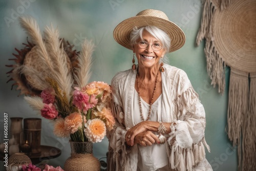 Elderly woman wearing a hat and holding a bouquet of pampas grasses and flowers, in stylish boho interior. Summer fashion conception. Created with Generative Ai Technology © pham