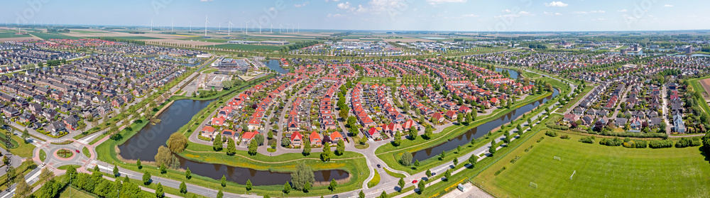 Aerial panorama from the city Dronten in Flevoland the Netherlands - obrazy, fototapety, plakaty 