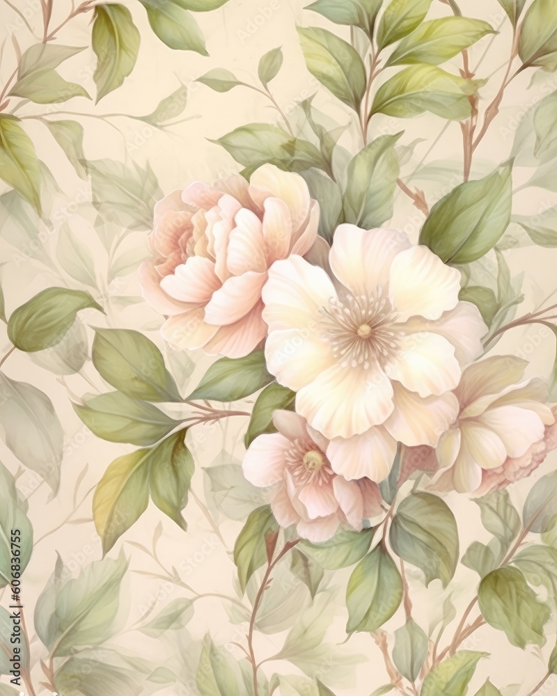 Asian vintage boho floral pattern with peonies, leaves, and soft colors. (Generative AI)