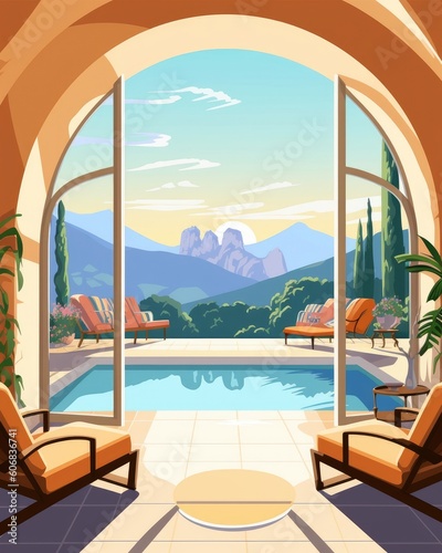 A modern luxury villa has a pool and lounging area. (Generative AI)