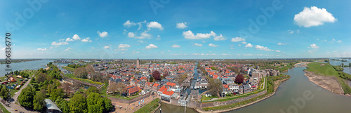 Aerial panorama from the city Gorinchem at the river Merwede in the Netherlands