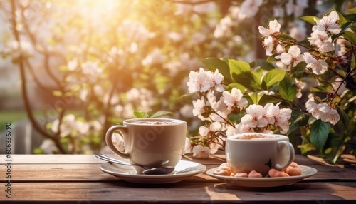 Enjoy a calming hot cup of coffee with flowers. (Generative AI)