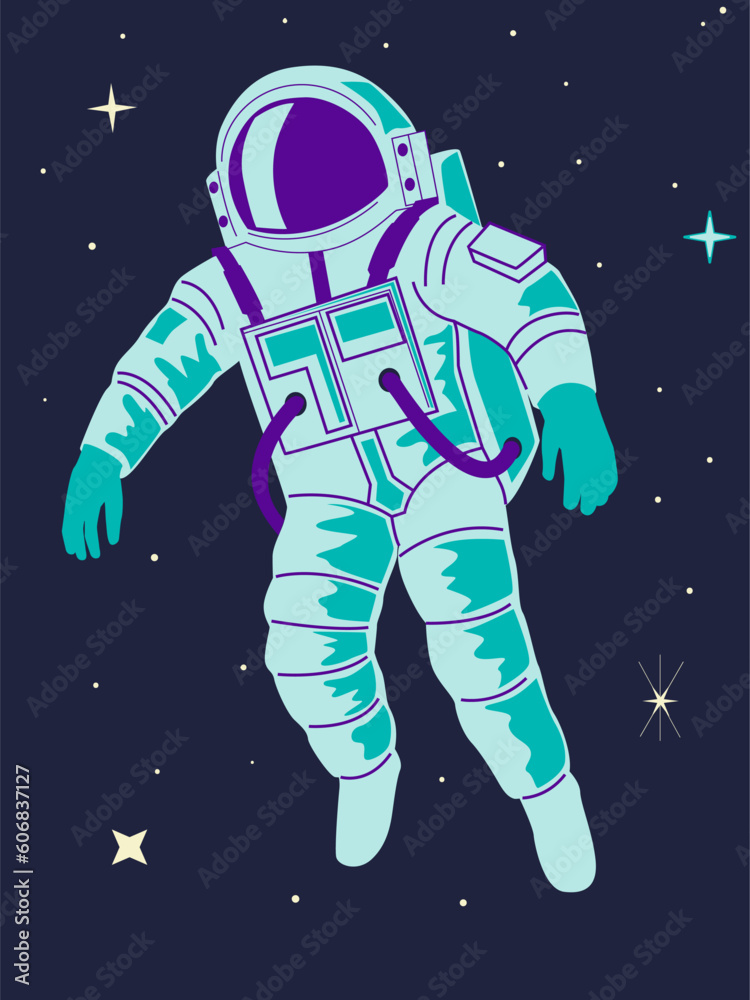 Astronaut in space. cute character in spacesuit flying, man in space suit and helmet, cosmonaut adventures poster or banner. Cartoon flat isolated illustration. Abstract vector background Astronaut in space. cute character in spacesuit flying, man in space suit and helmet, cosmonaut adventures poster or banner. Cartoon flat isolated illustration. Abstract vector background