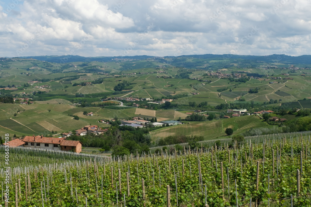 Panorama delle Langhe dal Belvedere de La Morra in provincia di Cuneo, Piemonte, Italia.