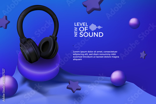 3D headphones. Musical gadget. Electronic headset on background. Audio earphones for entertainment. Spheres and stars. Realistic device. Listen to music. Vector digital ad banner design