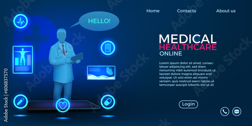 Medical healthcare online. Doctor app. Website landing page. Conference for patient health. Pharmacy and medicine technology. Virtual consultation. Vector design application background