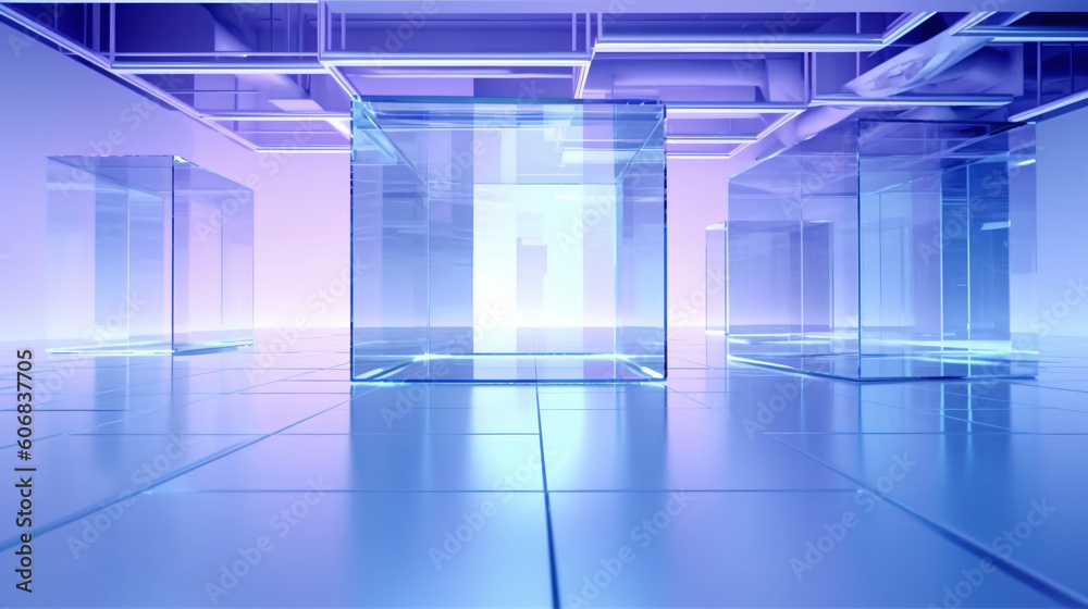 Modern Futuristic Sci Fi Concept Background Room With Neon Glowing Purple And Blue Pink Neon Lights. Generative AI