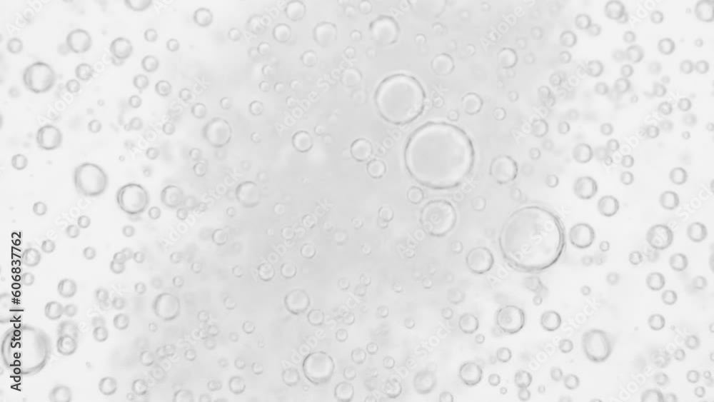 Top view closeup scene on chaotic moving pattern of bubble isolated on white background, texture of soda water when gas release, fizz medical drink from antacid pill, air of oxygen tank in diving