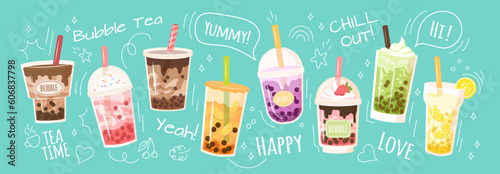 Bubble tea, coffee drink. Doodle cup of ice milk, milkshake in glasses, cute cartoon beverages for cafe menu, dessert ad, cold summer chocolate. Horizontal banner vector fashion background