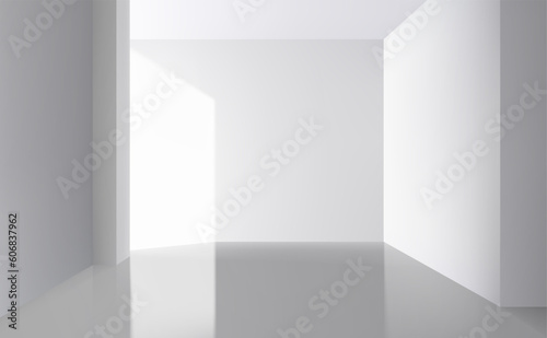 3d white background, studio scene. Minimal showcase render, pastel grey wall in perspective, architecture backdrop. Backdrop for product presentation with light and shadows vector illustration