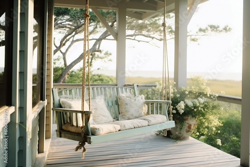 Beach House Porch with a Swing. Generative ai