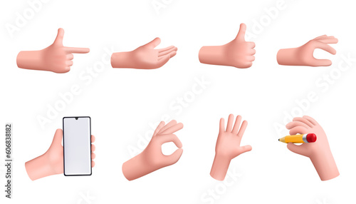 3d hands. Realistic cartoon gestures, fingers, creative and funny fist, hold smartphone and pencil, thumb up and palm, minimal human render, pastel skin. 3d isolated vector illustration