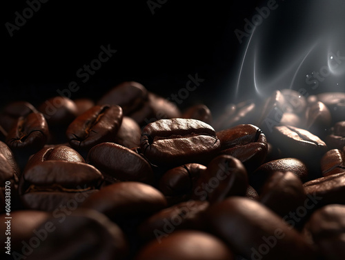 Closeup Roasted coffee beans smoke on black background. Generative AI illustrations photo