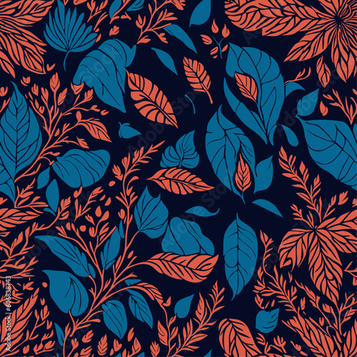 Seamless pattern of floral elements with blue and orange colors, flat design