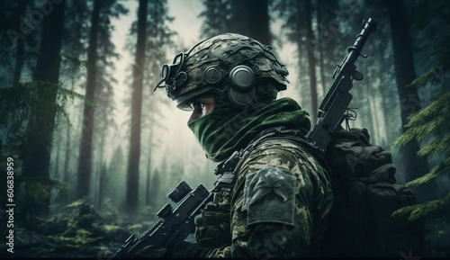 Soldier with Sniper Rifle Running through a Dense Forest. Generative ai