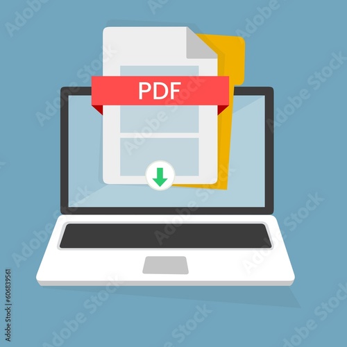 Scarica il pulsante PDF sullo schermo del laptop. Download del concetto di documento. File con etichetta PDF  e segno freccia GIÙ. Illustrazione photo