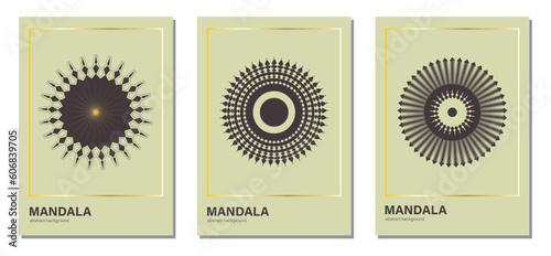 Modern mandala posters. Round black mandala in golden frame. dull black and white background vector illustration