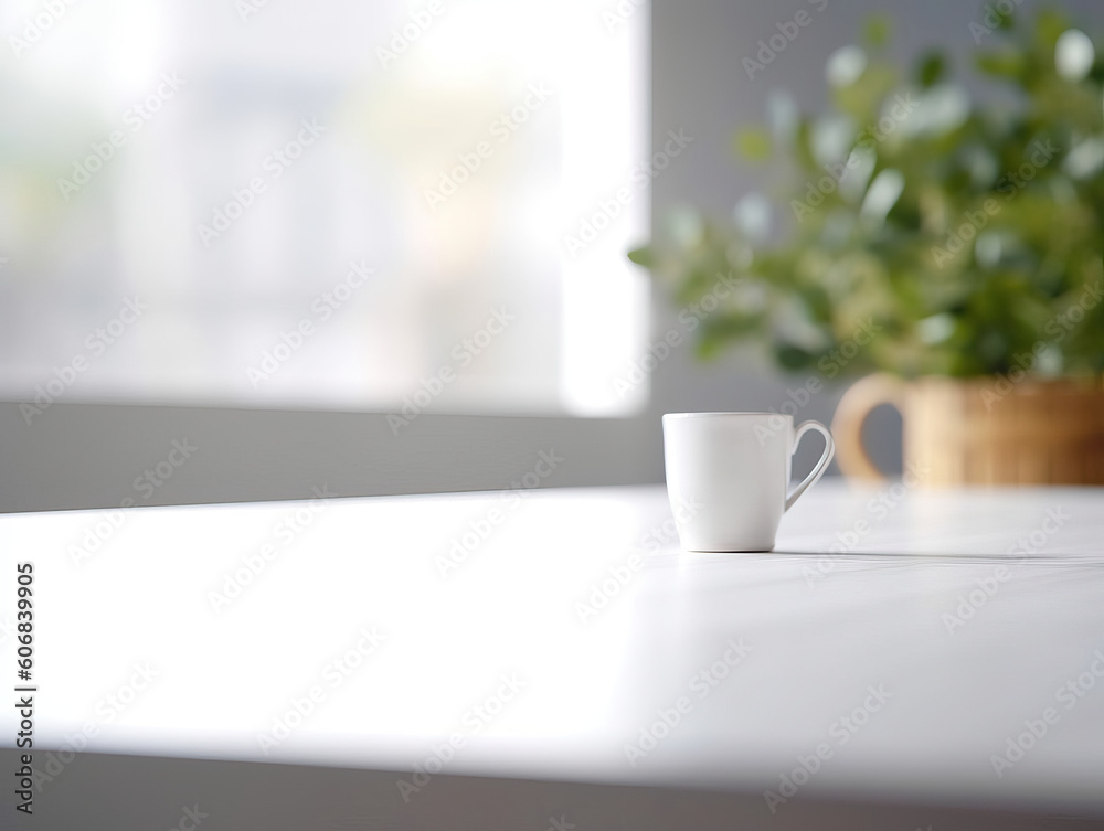Clean top table with a leaves and plants and blur background. Generative AI illustrations Clean top table with a leaves and plants and blur background. Generative AI illustrations