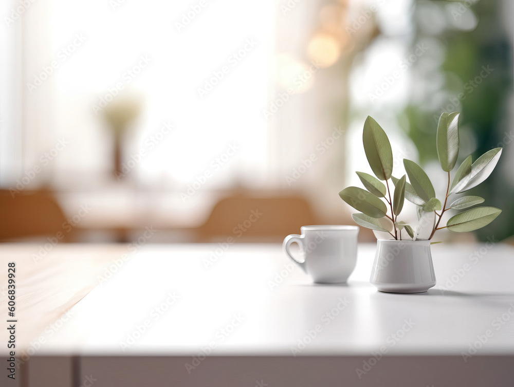 Clean top table with a leaves and plants and blur background. Generative AI illustrations Clean top table with a leaves and plants and blur background. Generative AI illustrations