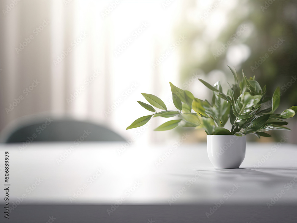 Clean top table with a leaves and plants and blur background. Generative AI illustrations Clean top table with a leaves and plants and blur background. Generative AI illustrations
