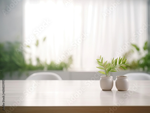 Clean top table with a leaves and plants and blur background. Generative AI illustrations © Nuttakarn