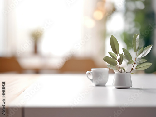 Clean top table with a leaves and plants and blur background. Generative AI illustrations © Nuttakarn