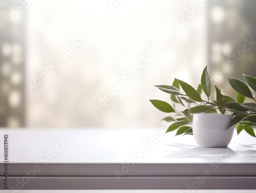 Clean top table with a leaves and plants and blur background. Generative AI illustrations