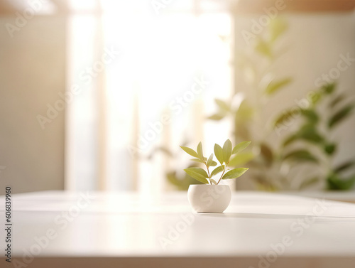 Clean top table with a leaves and plants and blur background. Generative AI illustrations