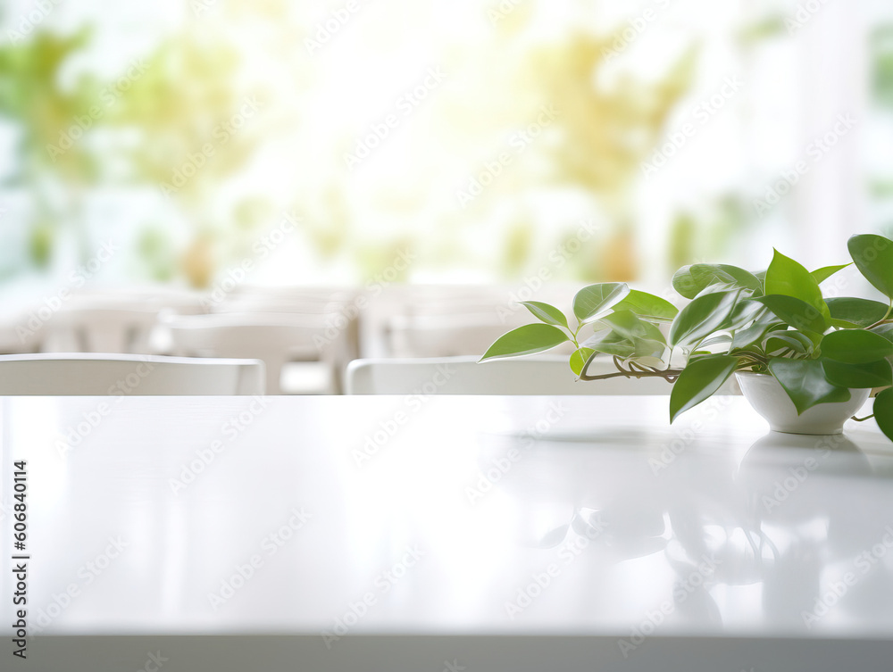 Clean top table with a leaves and plants and blur background. Generative AI illustrations Clean top table with a leaves and plants and blur background. Generative AI illustrations