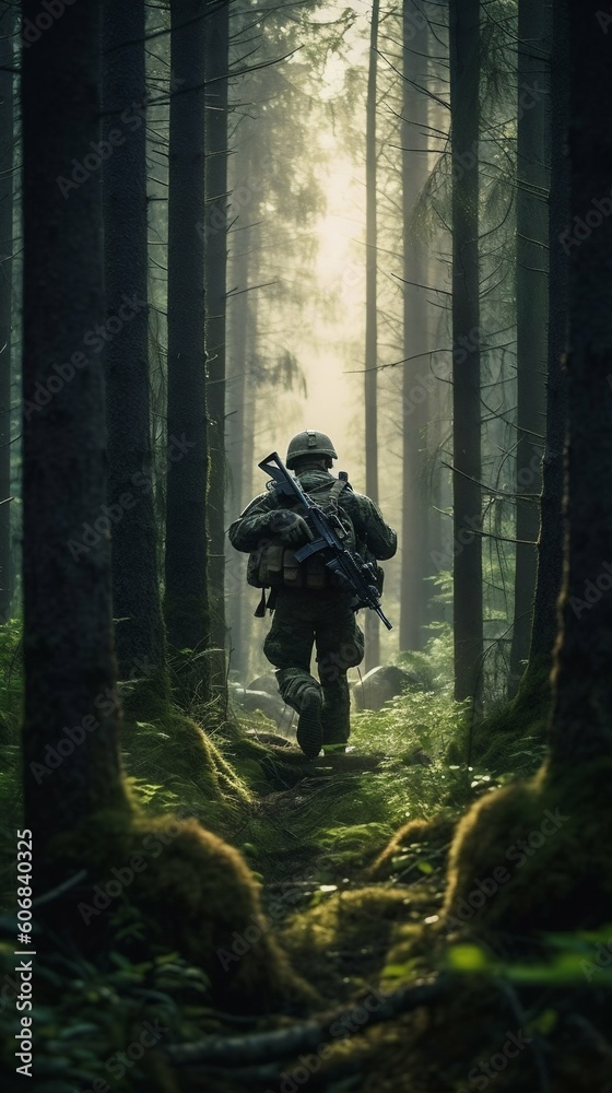 Soldier with Sniper Rifle Running through a Dense Forest. Generative ai