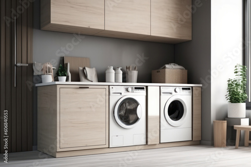Sleek and stylish laundry room with modern appliances, washer, and dryer set, AI Generative.