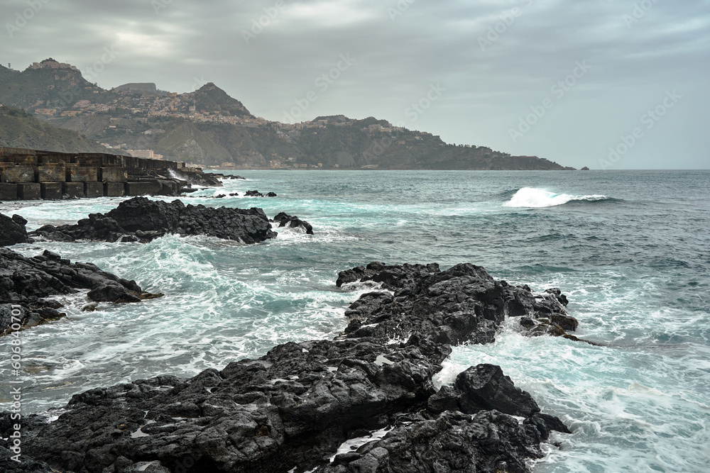 Rocky beach during a storm on the island of Sicily Rocky beach during a storm on the island of Sicily