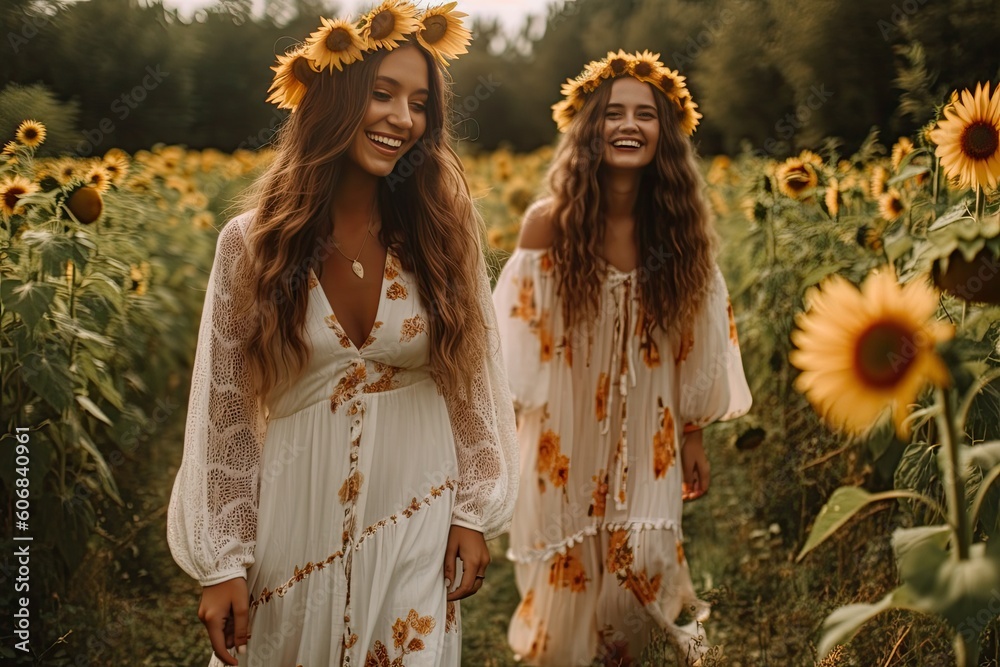 Stylish boho women in white dresses standing in a field of sunflowers in sunset light. Summer travel. Summer fashion conception. Created with Generative Ai Technology.