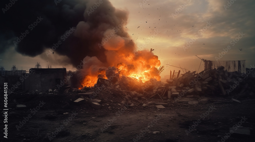 Fototapeta premium Explosion in war space, destroyed city