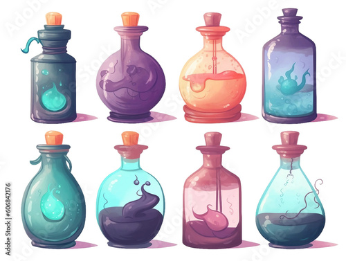 Set of magic potion bottles, illustration, isolated on transparent background