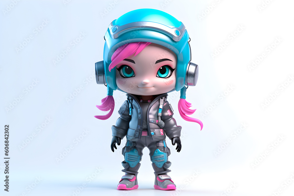 Cute girl wearing techwear on a white background. Adorable chibi 3d character. Generated by AI.