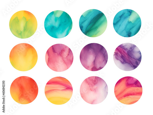Watercolor circles collection in bright rainbow colors colors. Watercolor stains set isolated on white background. 