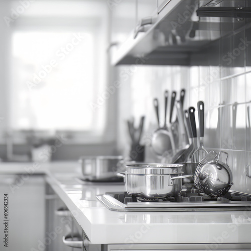 black and white kitchen with cooking utensils in the background AI Generated