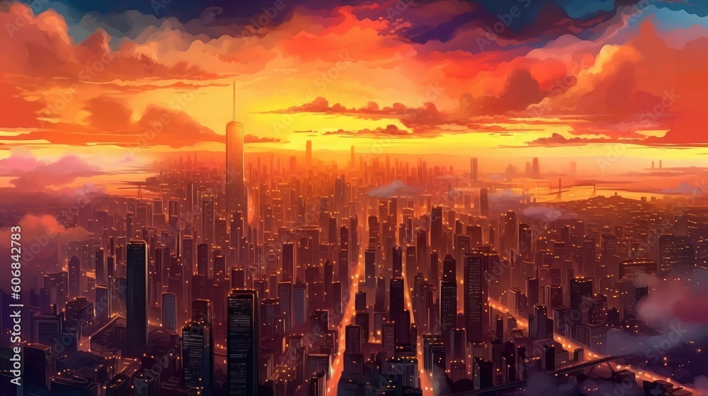 City skyline glows in sunset's warm embrace. Generative AI