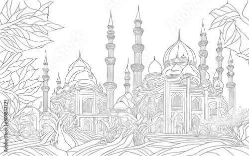 A mesmerizing vector portrayal of a mosque, capturing its grandeur and peaceful ambiance with minimal lines.