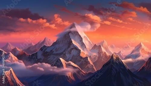 At sunset, a beautiful panorama of Tibetan snow-capped mountains. (Generative AI)