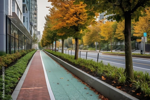 Sustainable City Street Infrastructure with Bike Lanes and Green Spaces. Generative ai