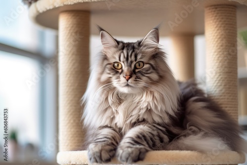 a cat sitting on a tall cat tree in a house Generative AI