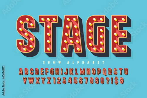 Retro show alphabet design, cabaret, LED lamps letters and numbers.