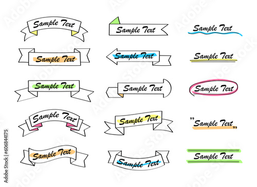 Text title frame vector set in doodle style. Color label, tag, braces decoration. Talk bubble.